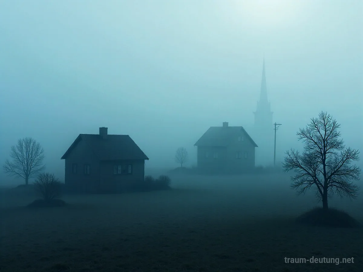 Dorf in dichtem Nebel, nur Umrisse erkennbar