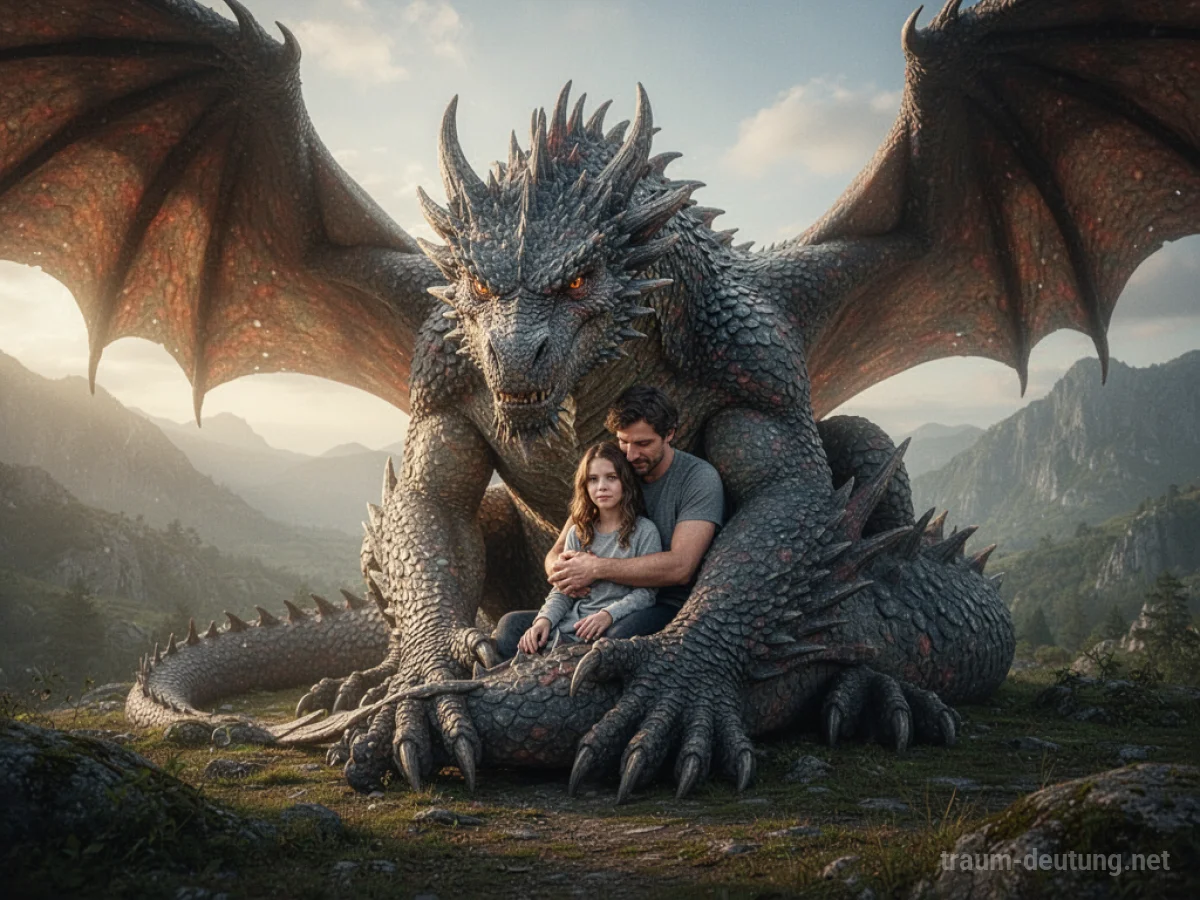 Ein majestätischer Drache schützt eine Person.