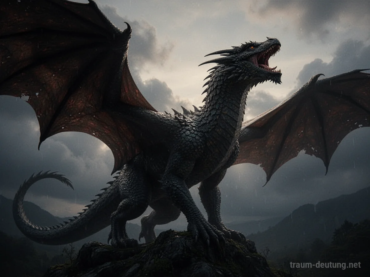 Silhouette eines brüllenden Drachen vor dunklem Himmel