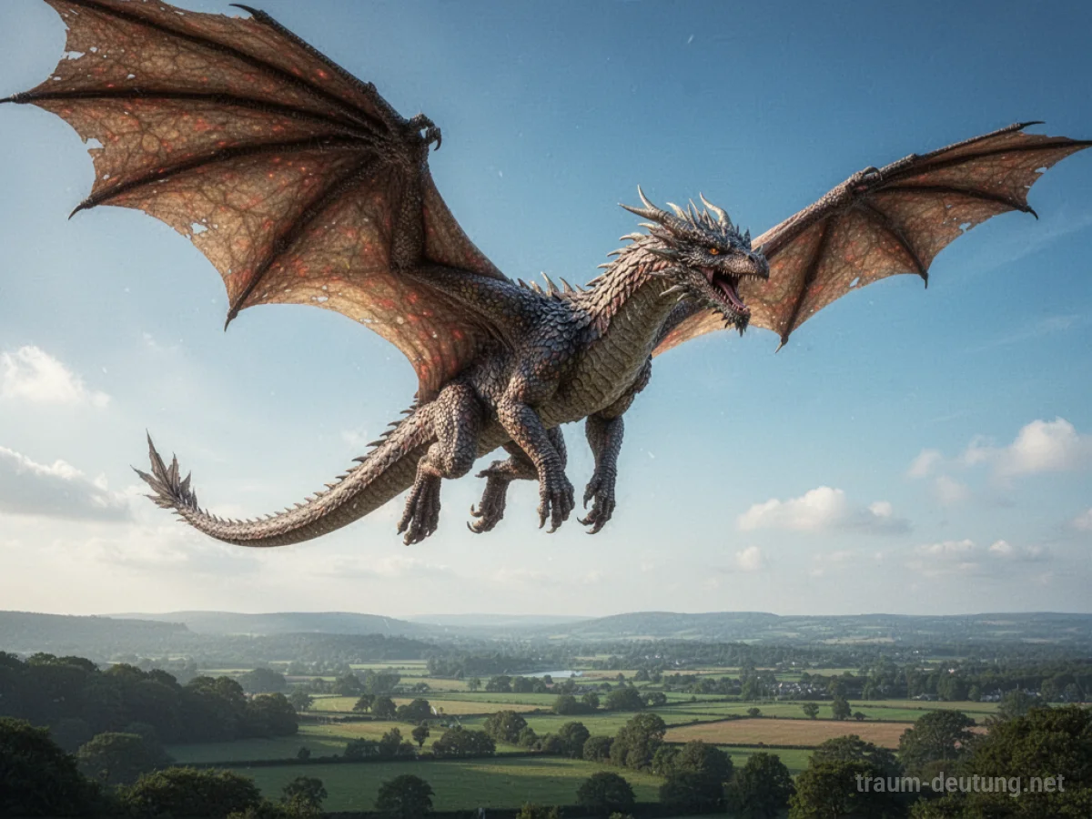 Ein großer, majestätischer Drache fliegt hoch am blauen Himmel.