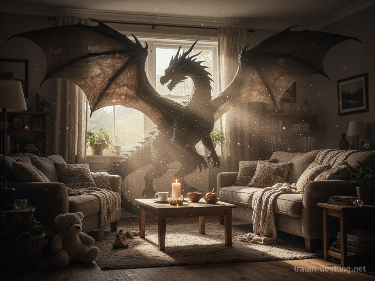 Drache im Haus, friedlich in einem Wohnzimmer sitzend