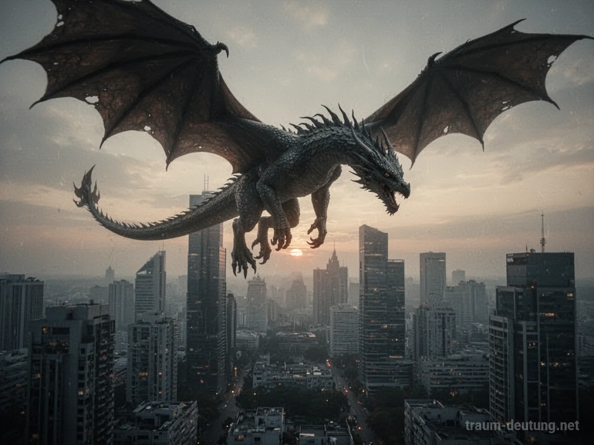 Drache über einer Stadt bei Dämmerung