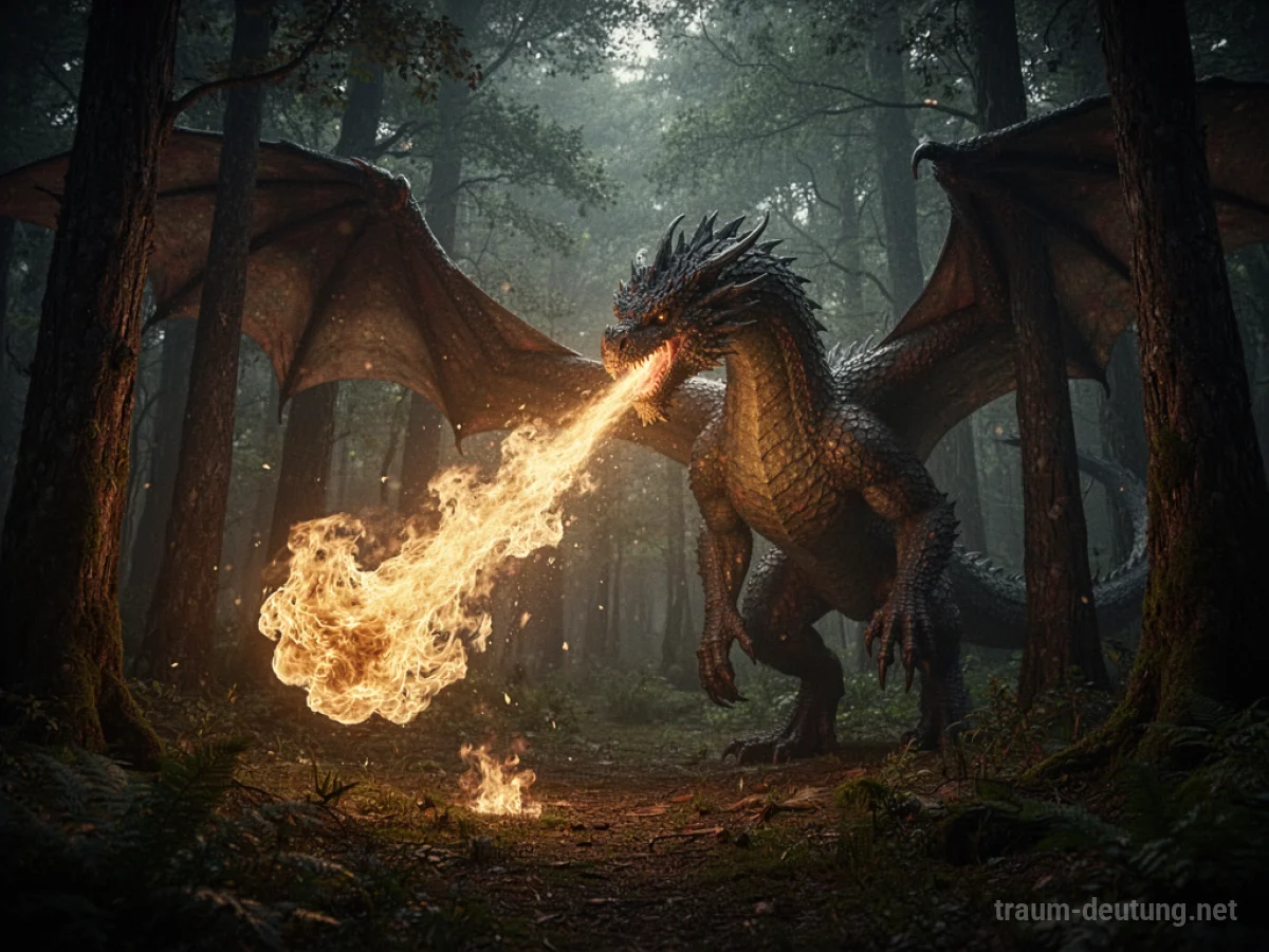 Ein Drache spuckt einen goldenen Feuerstrahl in einen dunklen Wald.