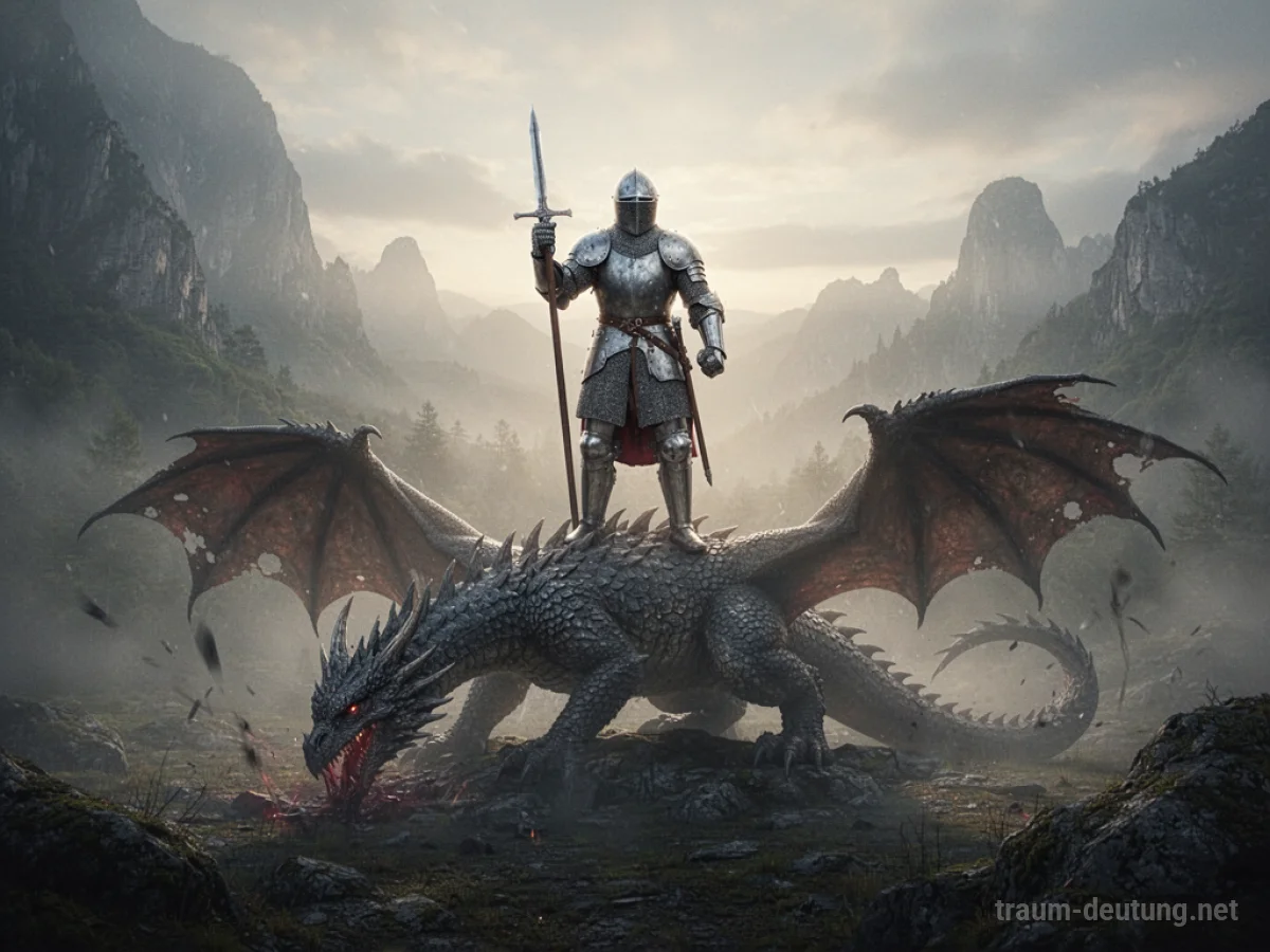 Ein Ritter steht siegreich über einem stilisierten Drachen.
