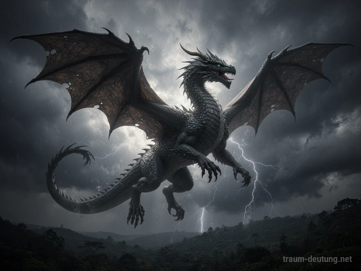 Silhouetten eines Drachen vor einem stürmischen Himmel