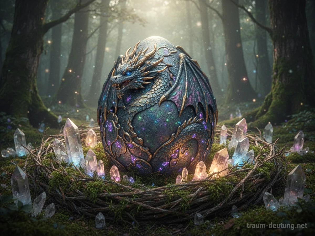 Ein großes, verziertes Drachenei in einem moosbewachsenen Nest mit leuchtenden Kristallen.