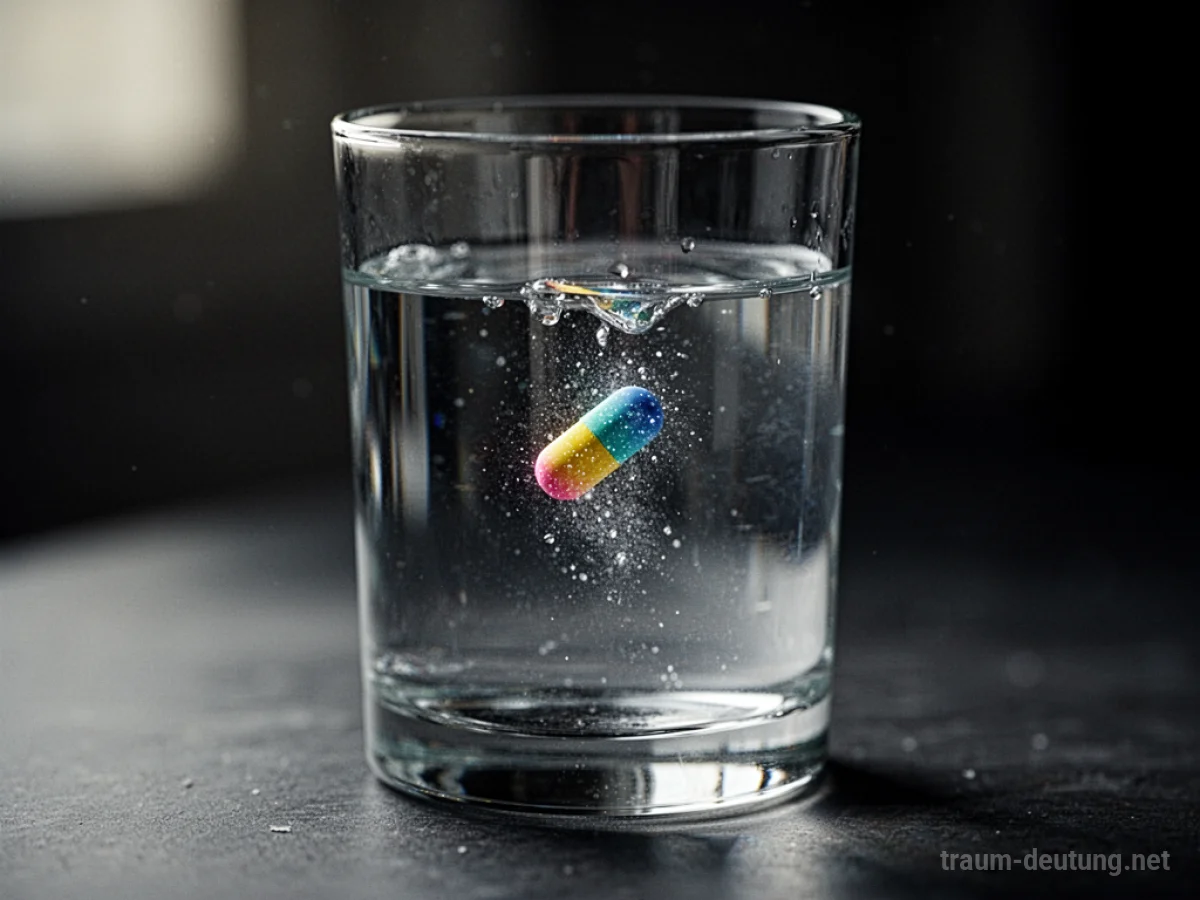 Ein Glas mit einer Flüssigkeit, in der sich eine kleine Pille auflöst.