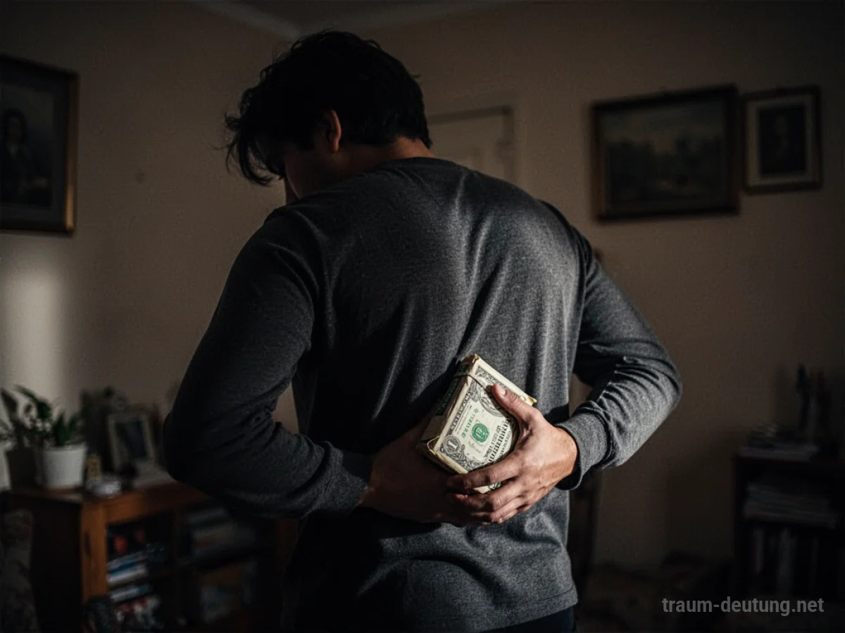Person versteckt heimlich ein Päckchen hinter dem Rücken in einem schattigen Raum.