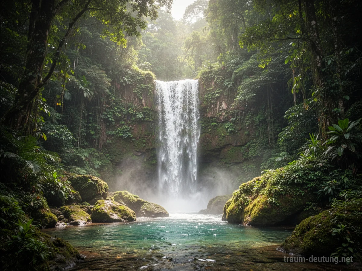 Ein dichter Dschungel mit einem majestätischen Wasserfall, der in einen klaren Pool stürzt.