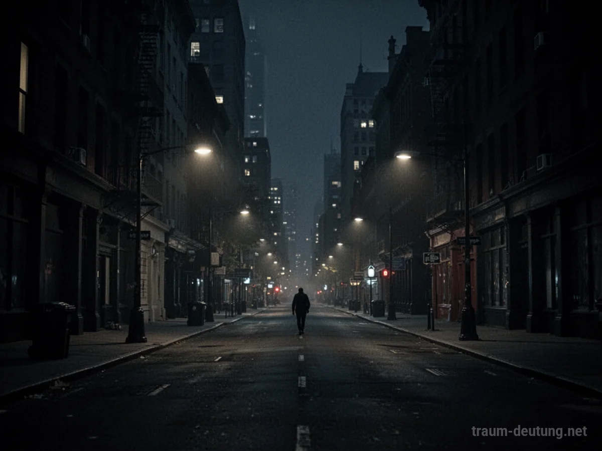 Eine dunkle Stadtstraße bei Nacht mit kaum sichtbaren Gebäudesilhouetten.