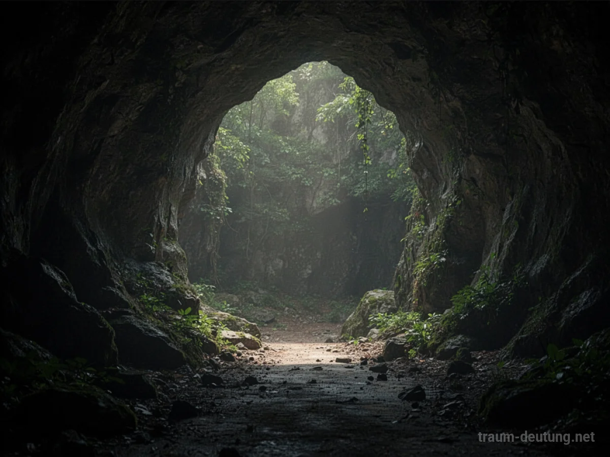 Eingang zu einer dunklen Höhle mit leichtem Lichtschimmer