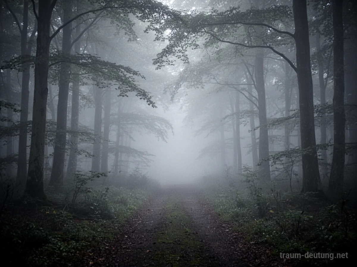 Dichter Nebel verhüllt einen Pfad in einem dunklen Wald.