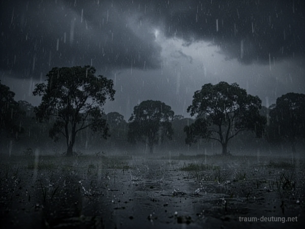 Dunkelheit und Regen im Traum mit Silhouetten von Bäumen im Hintergrund