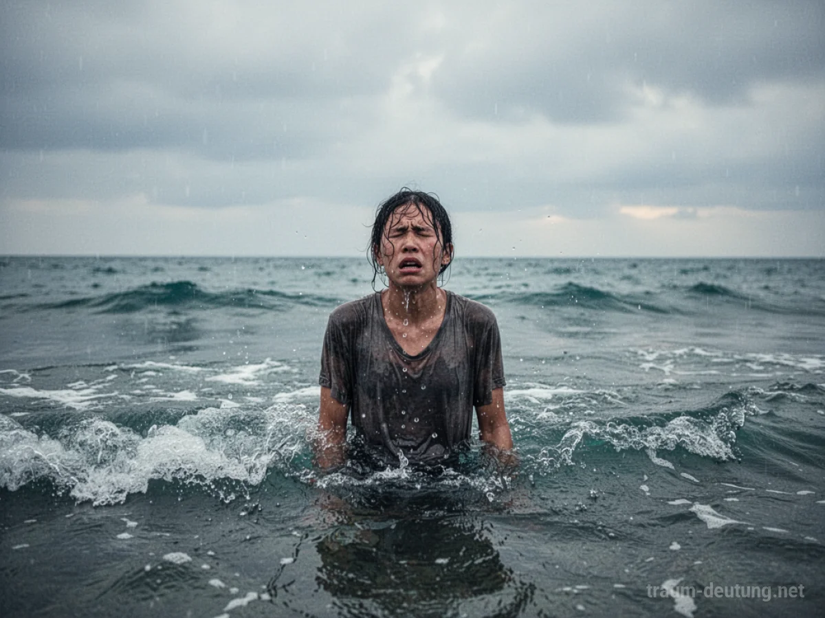 Eine Person steht durstig im Salzwasser des Meeres unter einem bedeckten Himmel.