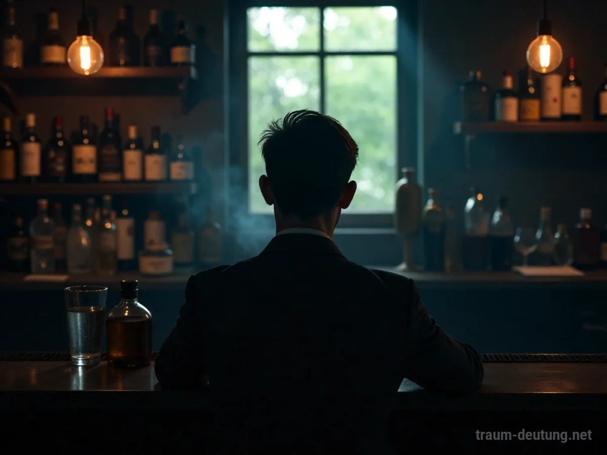 Silhouette einer Person vor einer Bar mit leerem Glas im Lichtkegel