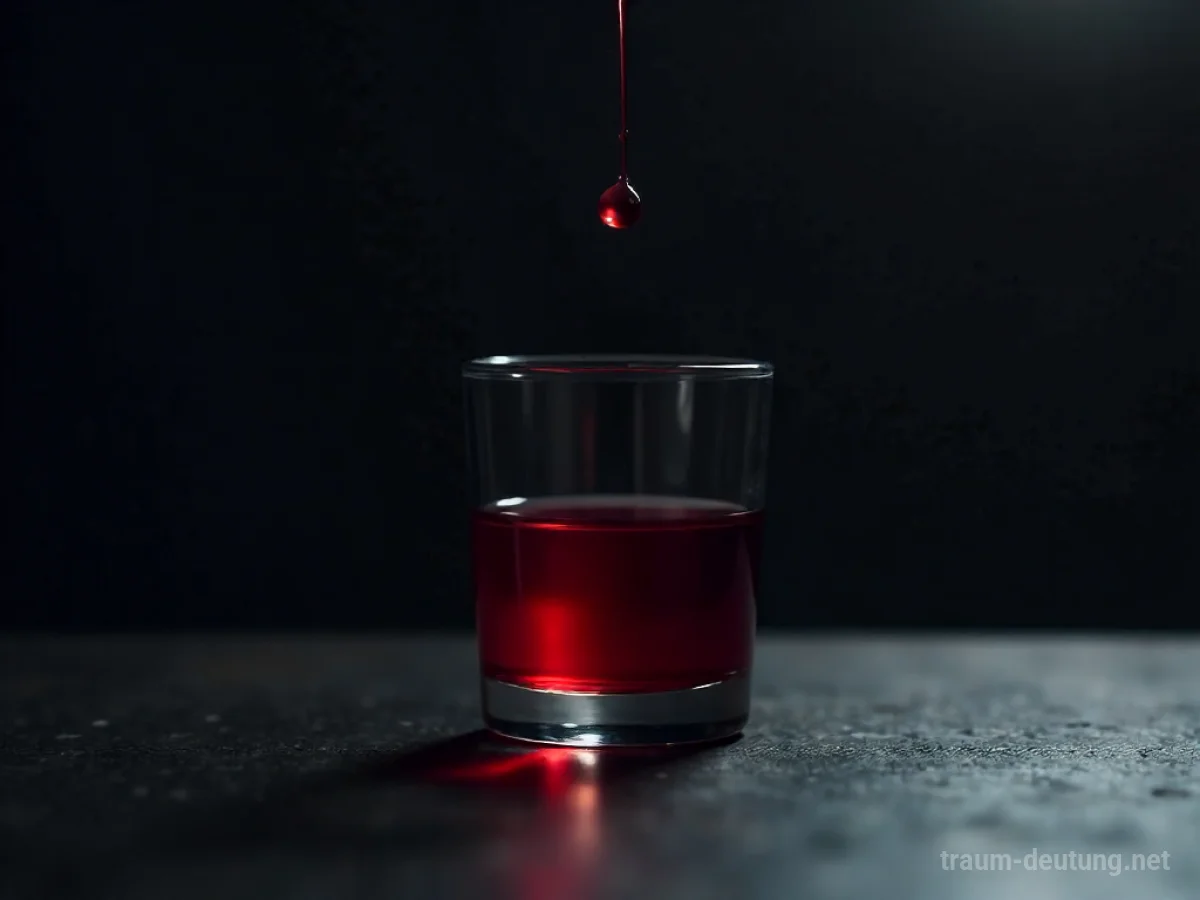 Ein einzelner Tropfen roter Flüssigkeit fällt aus einem dunklen, leeren Glas.
