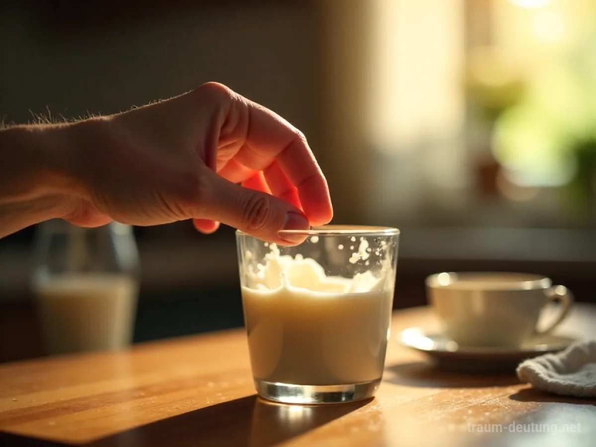 Hand greift nach einem Glas Milch in einem warm beleuchteten Raum.