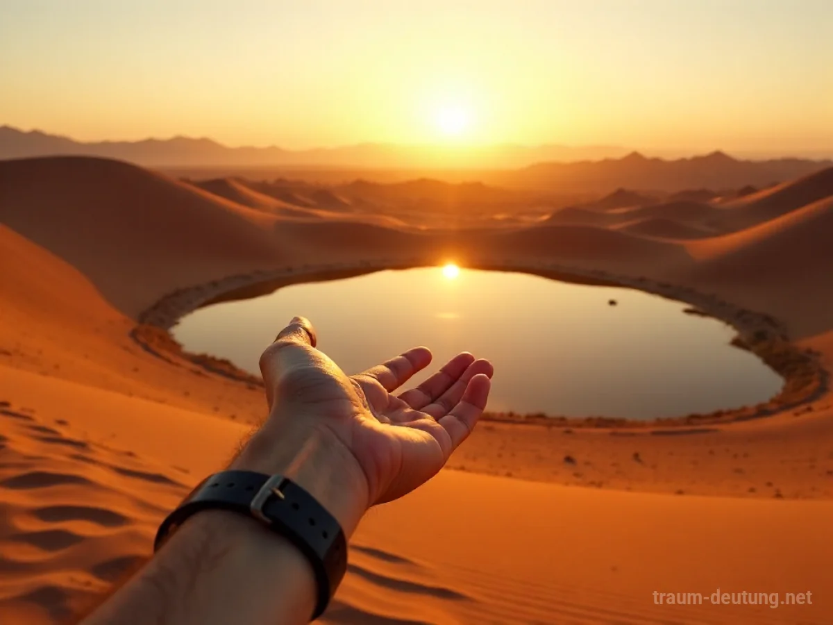Hand greift nach einem Trugbild von Wasser in einer trockenen Wüstenlandschaft im Abendlicht.