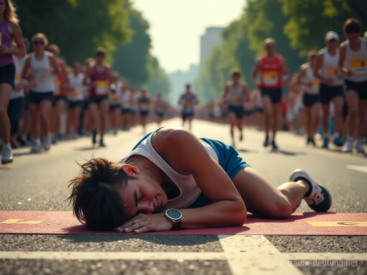 Eine Person bricht nach einem Marathon erschöpft zusammen und leidet unter starkem Durst.