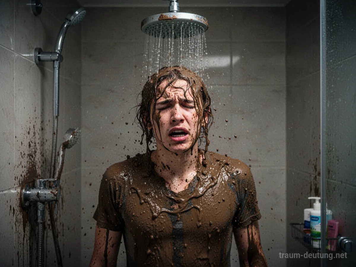 Eine Person steht unter einer Dusche, aus der Schlamm statt Wasser fließt.