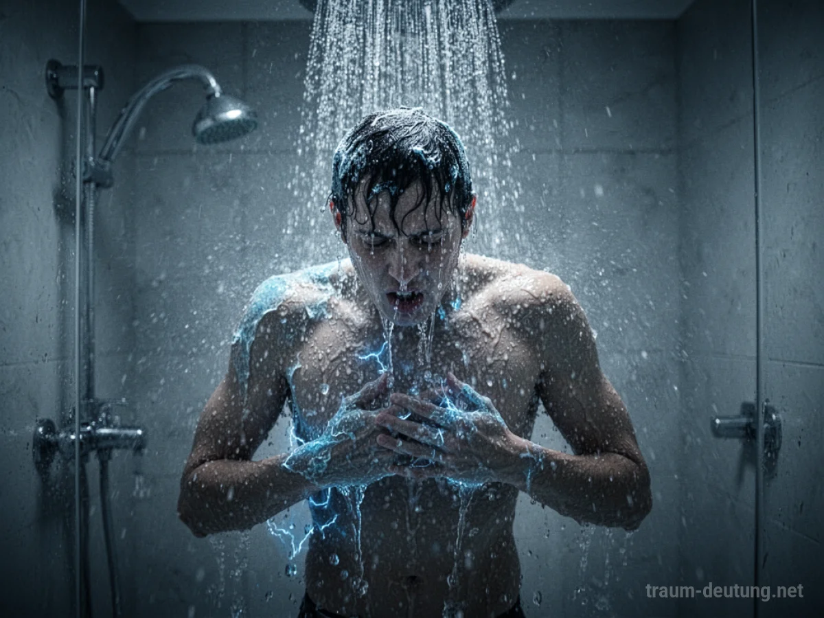 Person unter der Dusche, die plötzlich eisig kaltes Wasser empfängt
