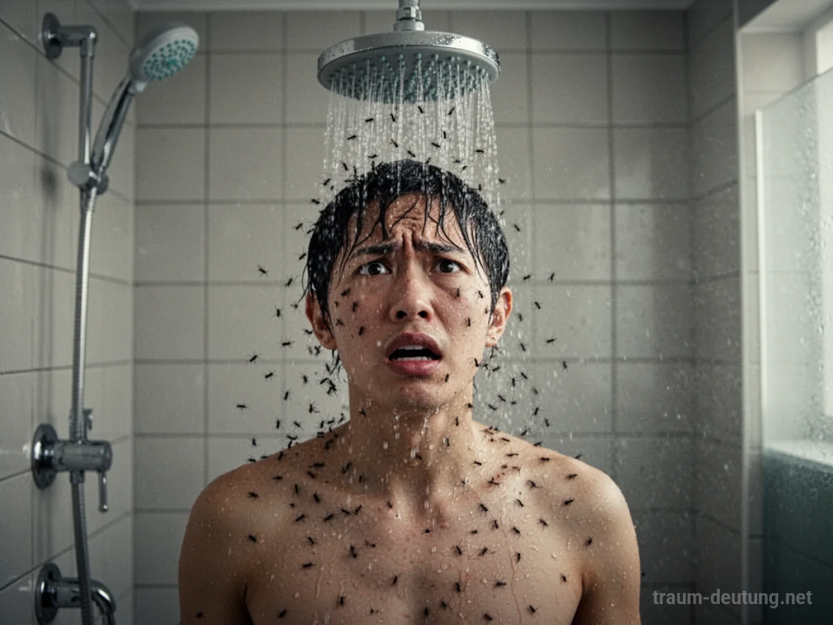 Eine Person steht unter einer Dusche, aus der statt Wasser kleine Insekten rieseln.