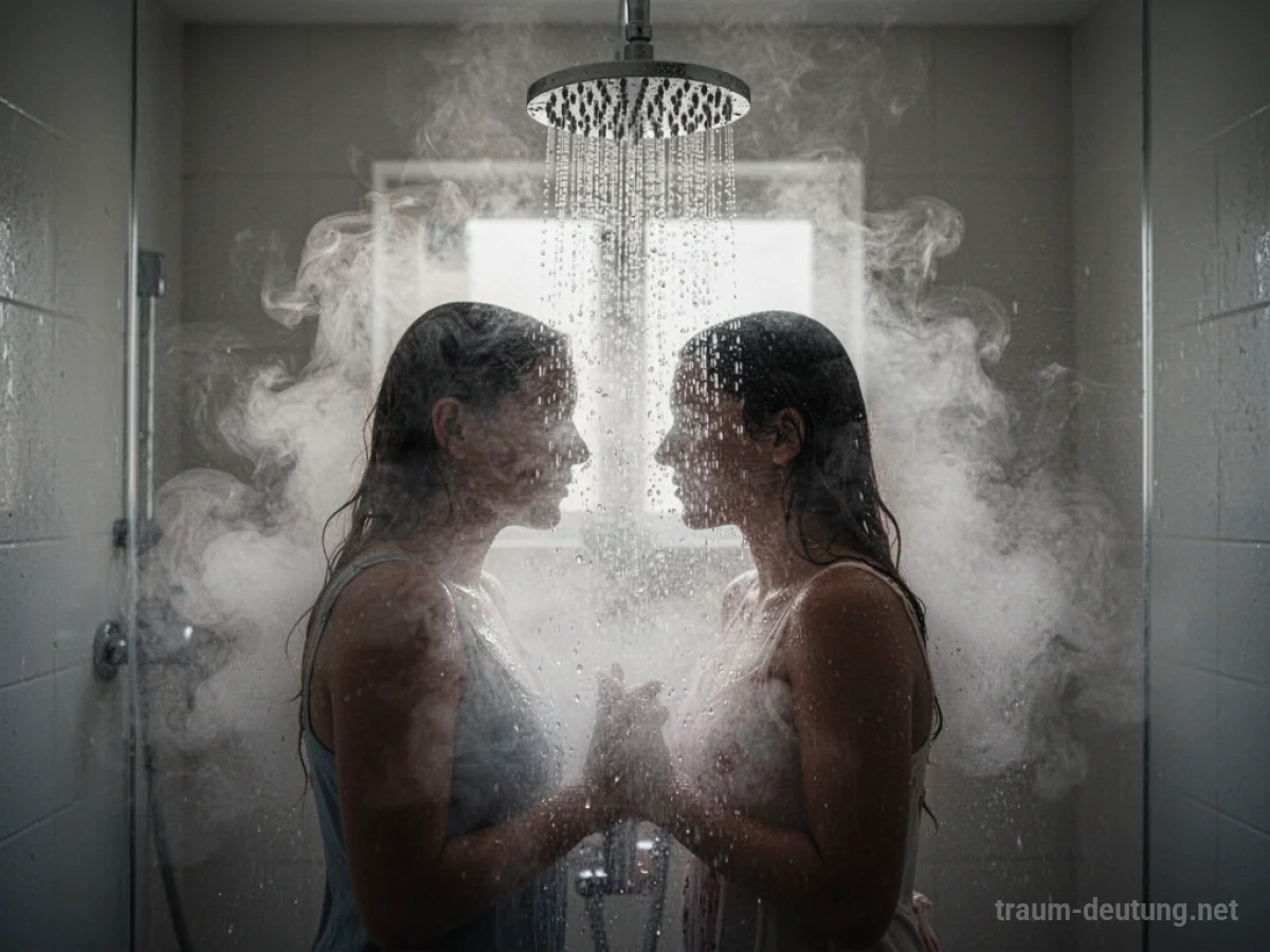 Zwei schemenhafte Figuren stehen unter einer Dusche, umgeben von Dampf.
