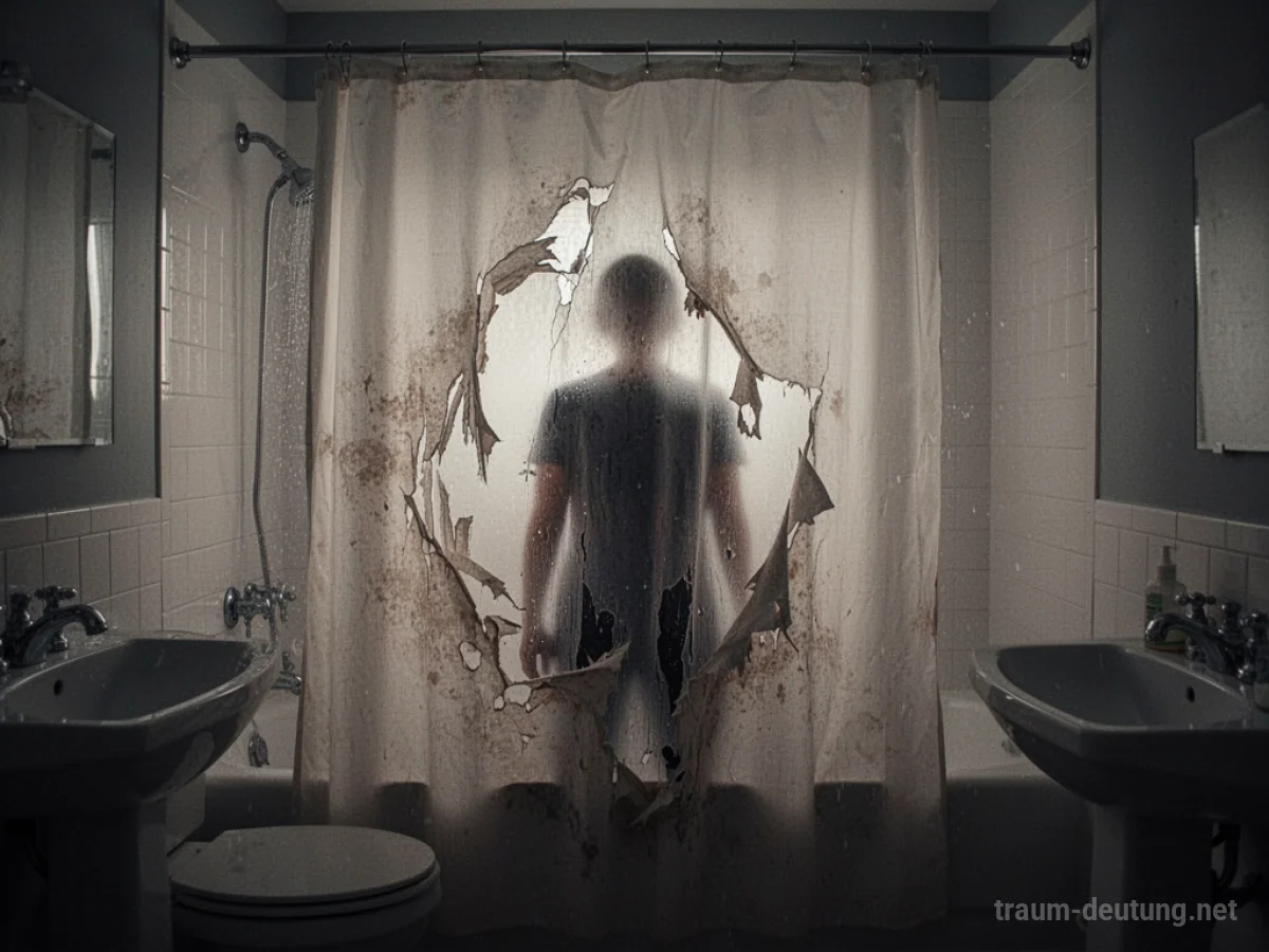 Gerissener Duschvorhang im Badezimmer, der Verletzlichkeit andeutet.