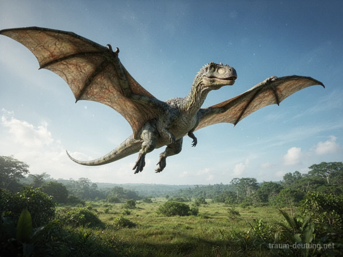 Ein großer Dinosaurier mit Flügeln fliegt hoch am Himmel über einer grünen Landschaft.