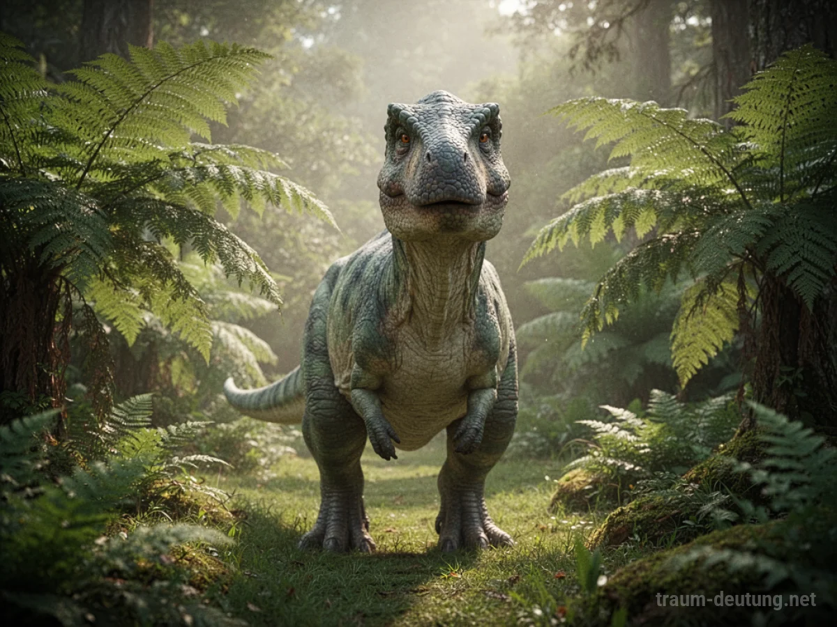 Ein freundlicher Dinosaurier steht friedlich in einer prähistorischen Landschaft.