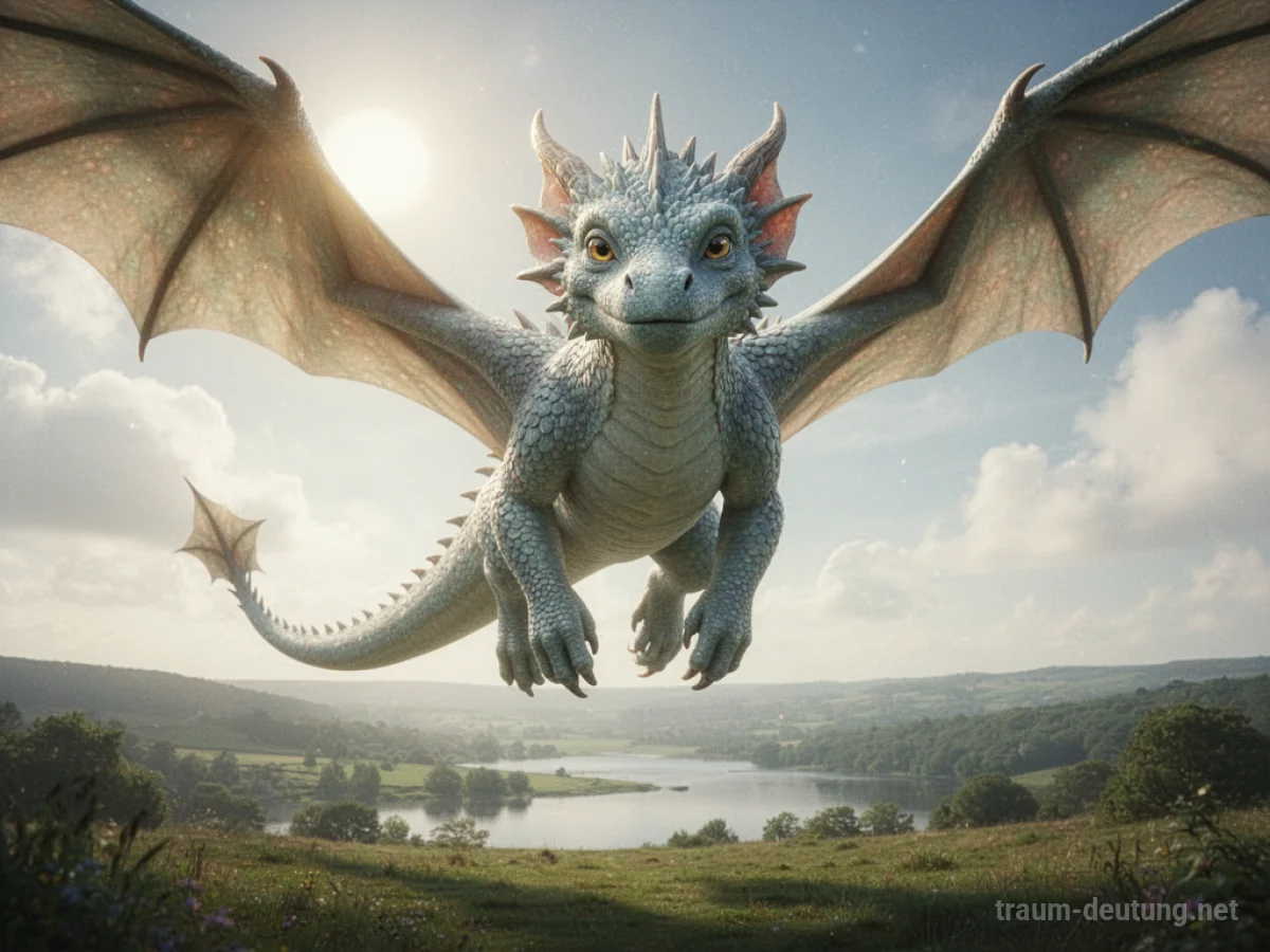 Ein freundlicher Drache schwebt friedlich am Himmel.