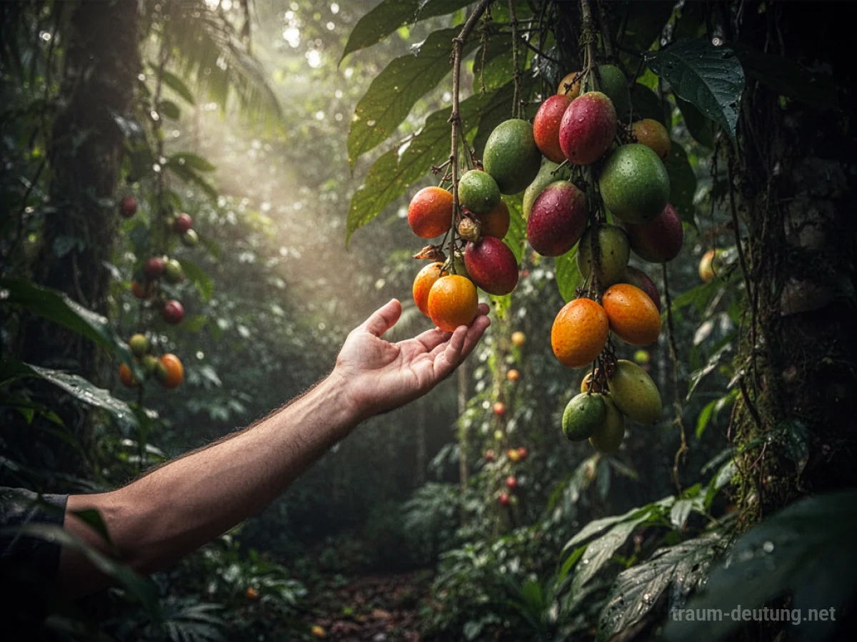 Hand greift nach reifen Früchten im dichten Dschungel.