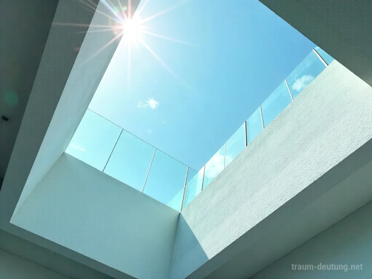 Ein transparentes Glasdach mit blauem Himmel darüber