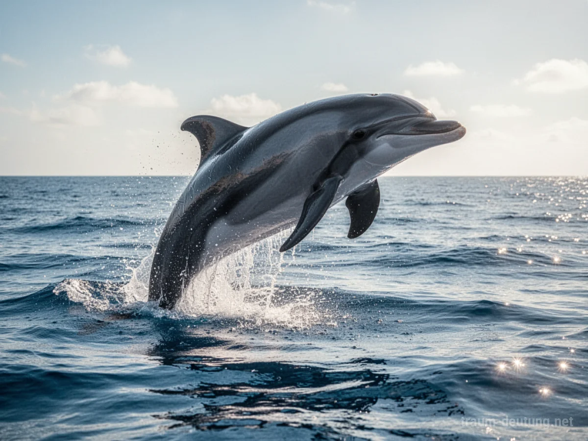 Ein großer Delfin springt aus dem Meer unter blauem Himmel.