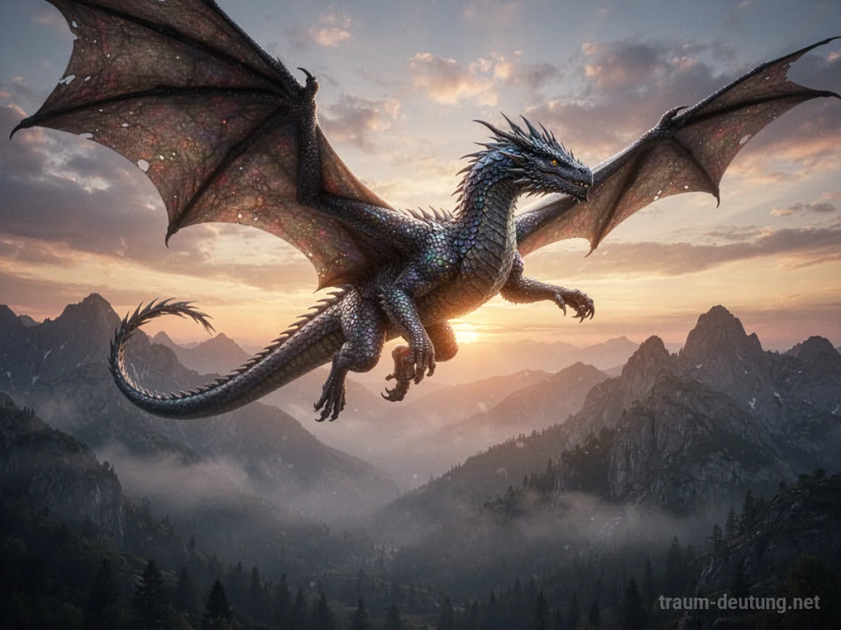 Ein riesiger, majestätischer Drache fliegt über Bergspitzen im Sonnenuntergang.