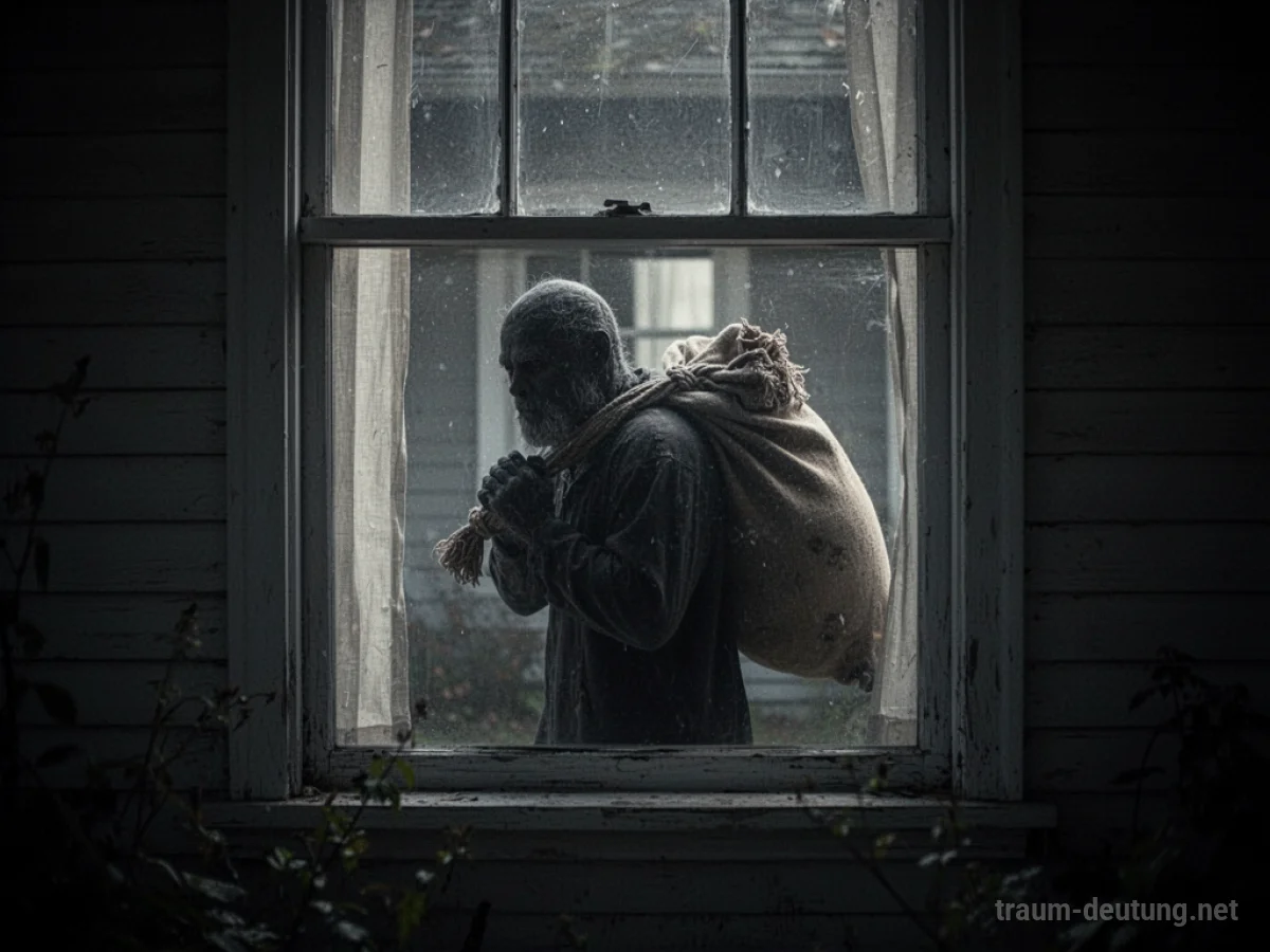 Schattenhafte Figur vor Fenster eines Hauses im Dunkeln