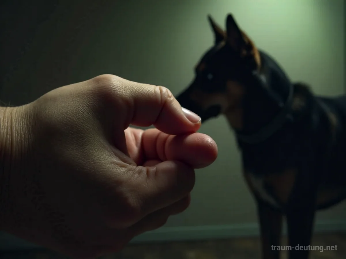 Hand mit Daumen, der von einem Hund gebissen wird