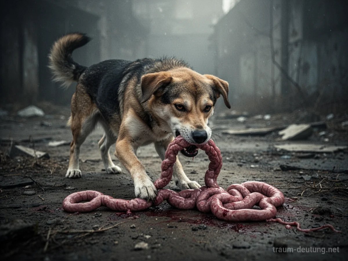 Ein Hund frisst einen Darm auf einem kahlen Boden.