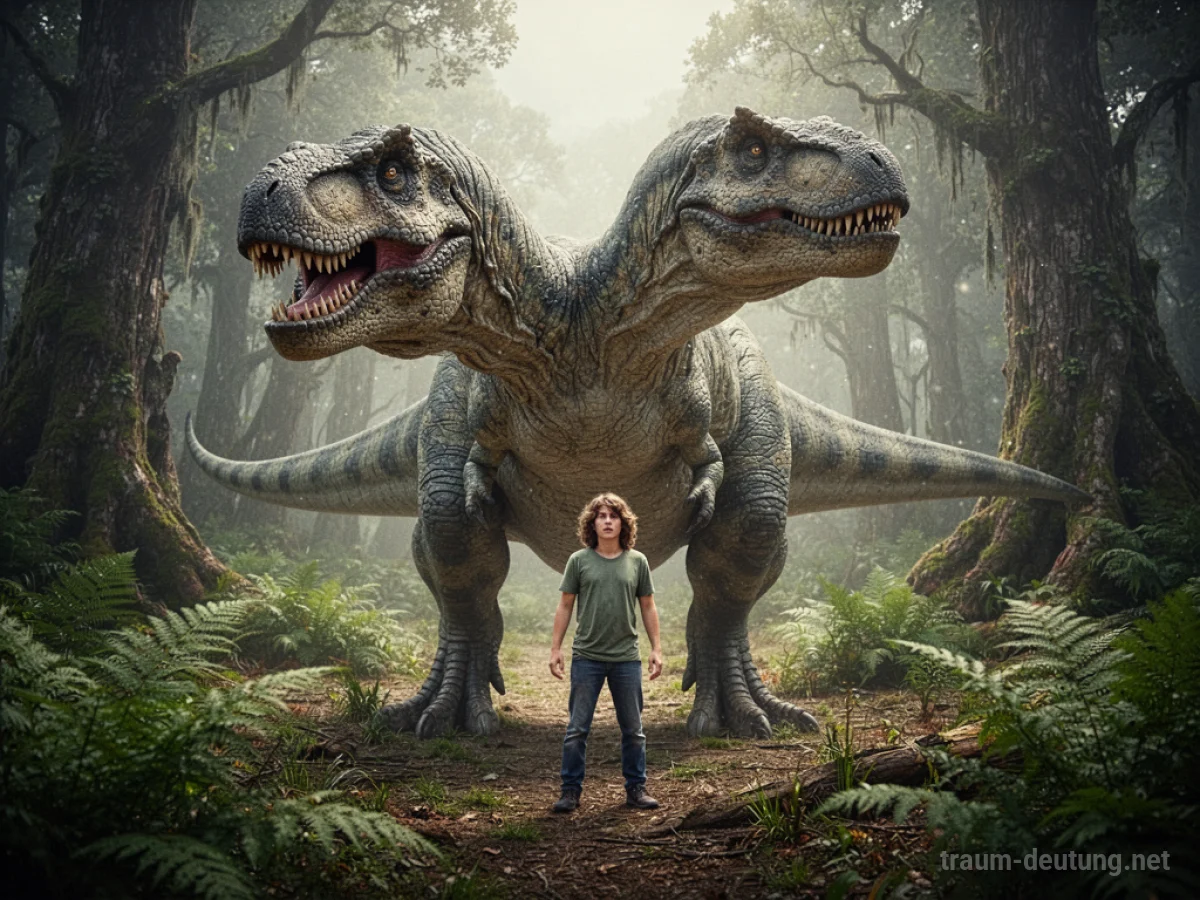 Mensch verwandelt sich in einen Dinosaurier in einer urzeitlichen Landschaft