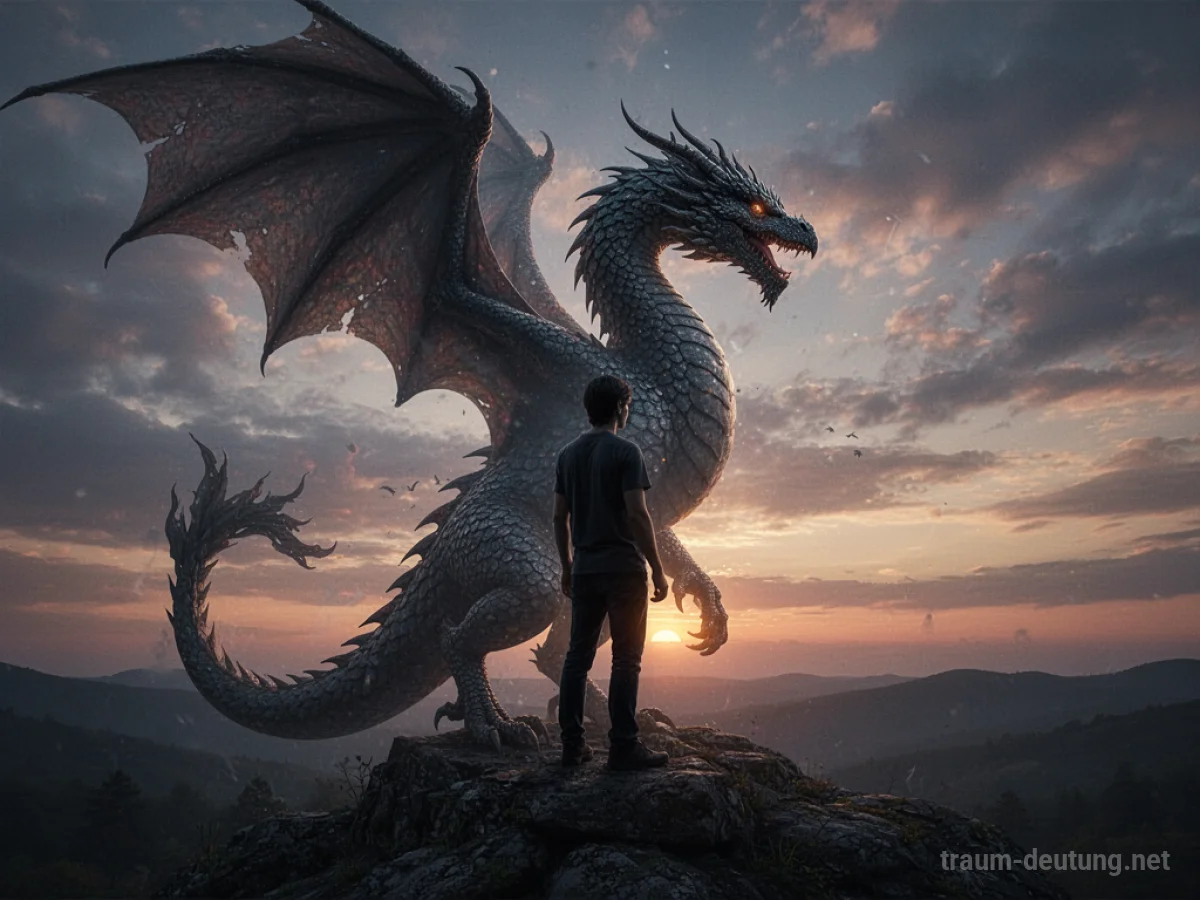 Silhouette einer Person verschmilzt mit einem majestätischen Drachen im Zwielicht.