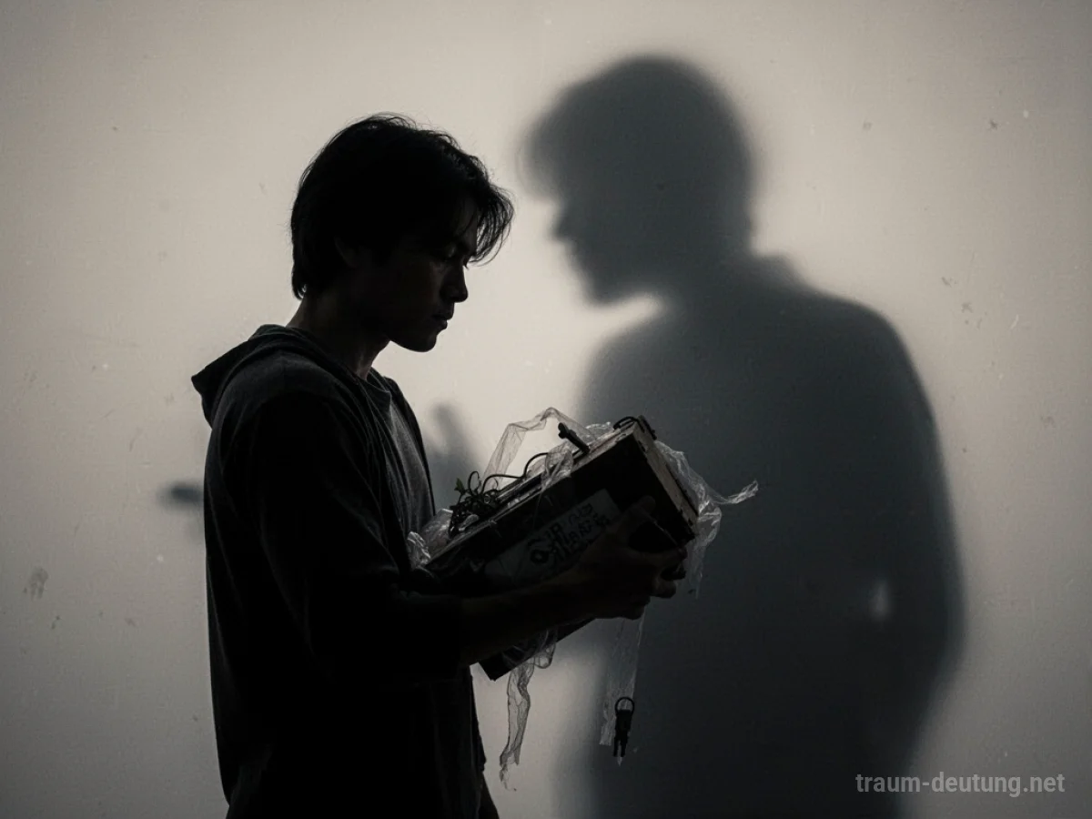Silhouette einer Person, die ein gestohlenes Objekt hält, mit einem bedrohlichen Schatten dahinter.