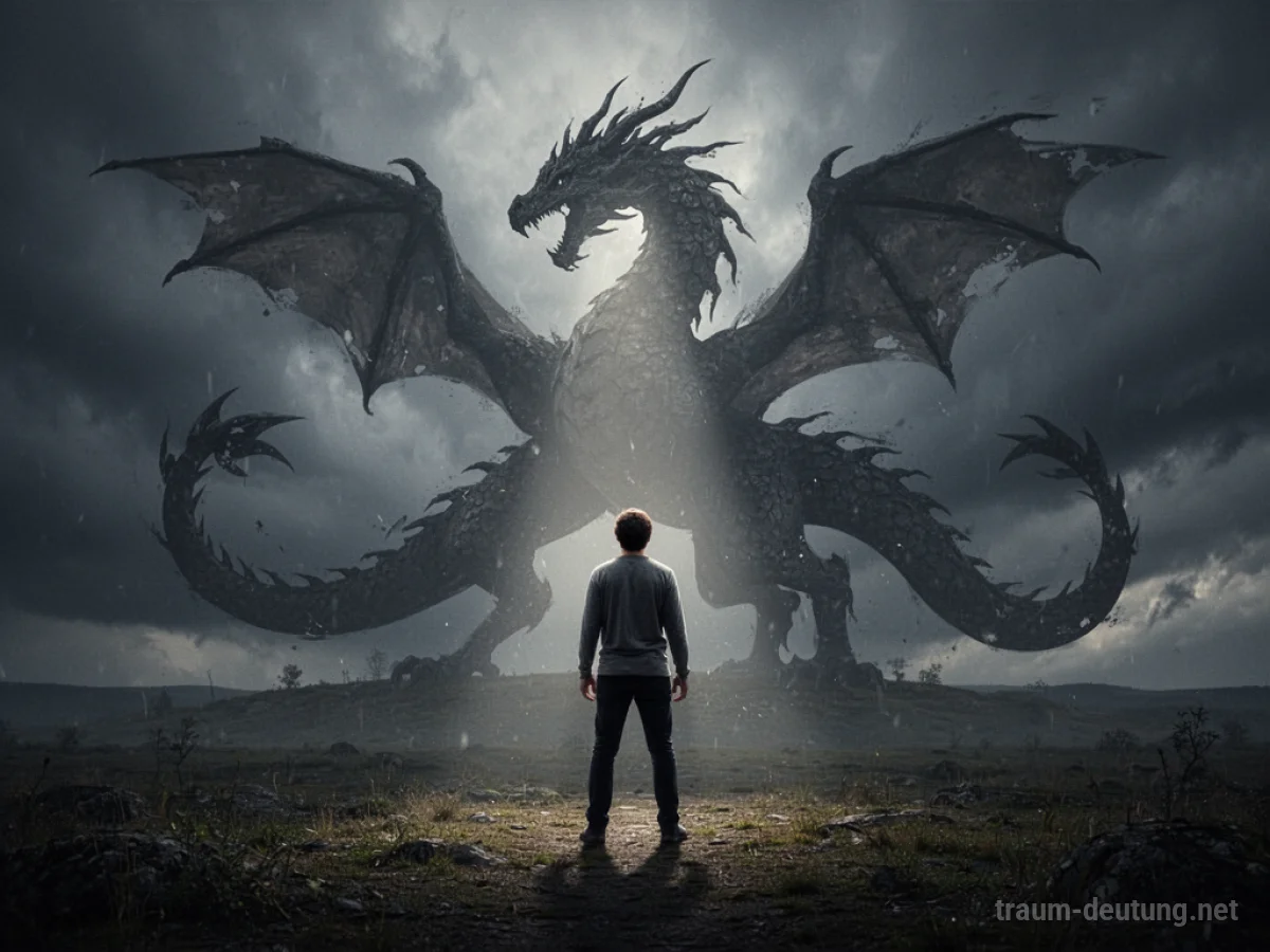 Eine Person steht einem stilisierten Drachen gegenüber, der am Horizont aufragt.