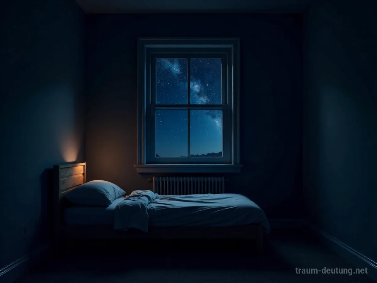 Innenansicht eines einfachen Zimmers mit Bett und Fenster zur Nacht