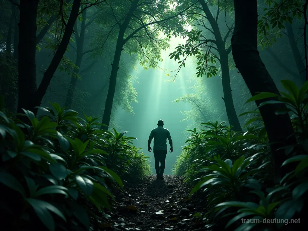 Person rennt durch dichten, dunklen Dschungel, Schatten greifen nach ihr.