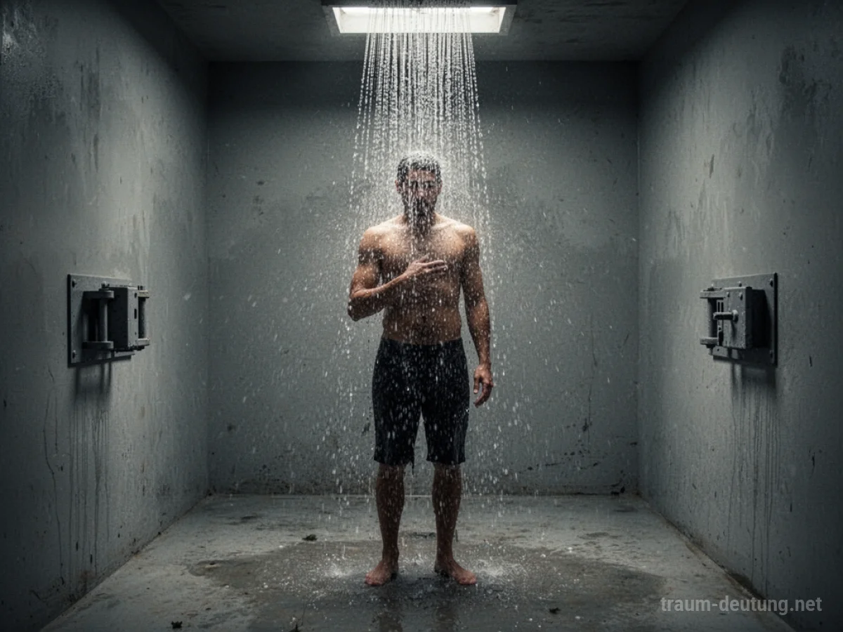 Eine Person duscht in einer kahlen Gefängniszelle mit fließendem Wasser.