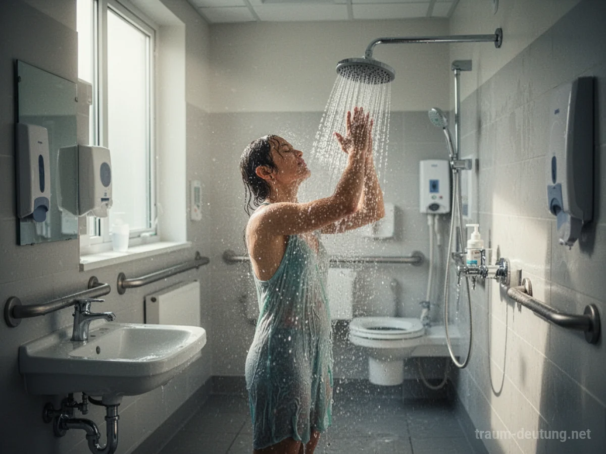 Eine Person duscht in einem hellen Krankenhausbadezimmer.