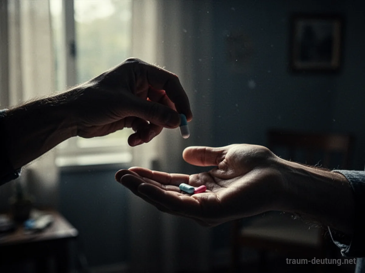 Eine Hand reicht einer anderen Person im Schatten eine Pille.