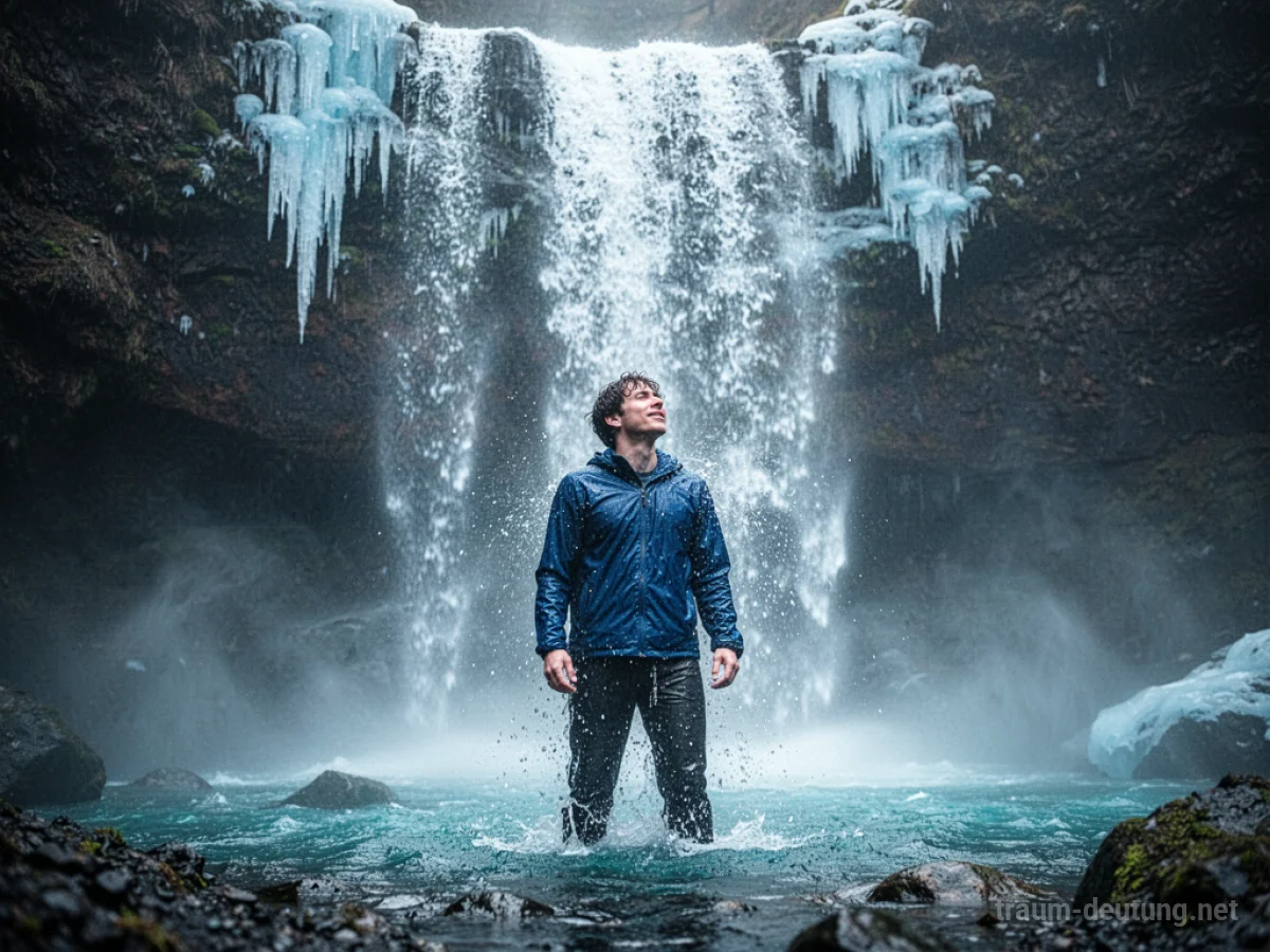 Person unter eisblauem Wasserfall, erfrischt und belebt im Nebel.