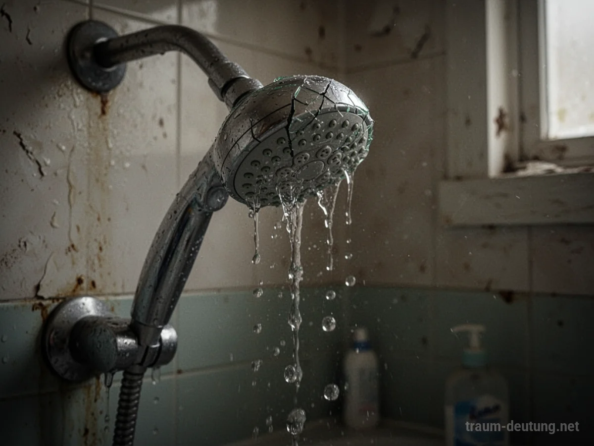 Eine kaputte Dusche mit tropfendem Wasser in einem dunklen Badezimmer.