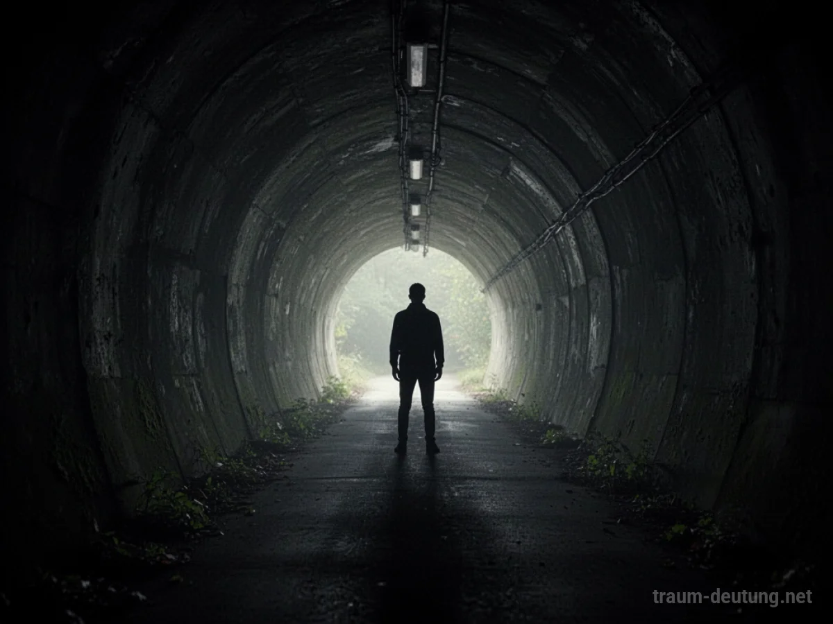 Person am Ende eines dunklen Tunnels mit fernem Licht im Traum